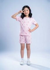Bộ Thun Ngắn Tay Form Rộng Bé Gái Hồng Nhạt Hoạ Tiết Trái Tim