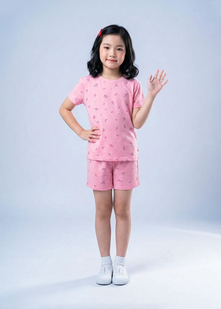 Bộ Thun Ngắn Tay Form Rộng Bé Gái Hồng Hoạ Tiết Hoa Liti