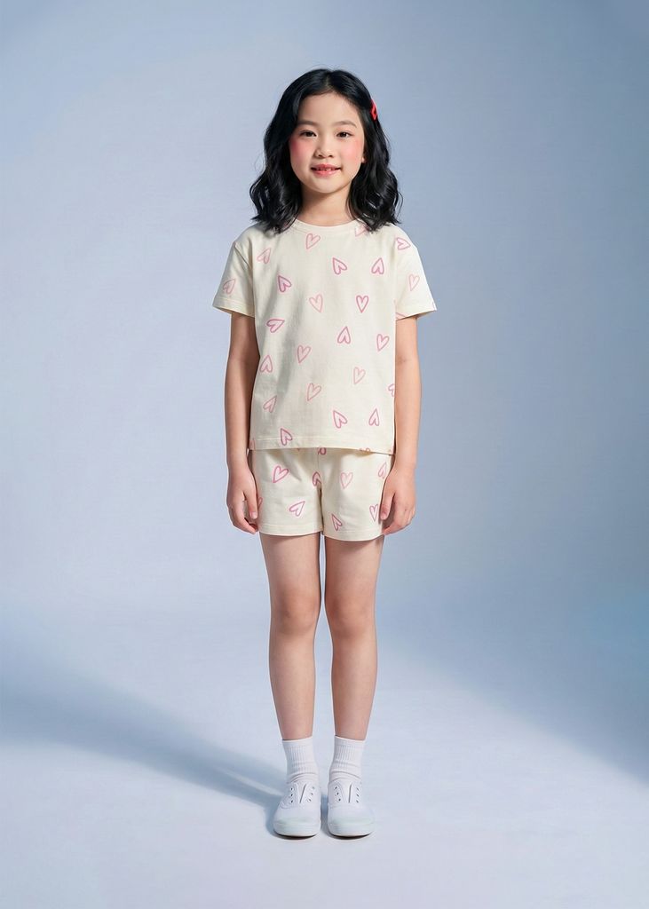 Bộ Thun Ngắn Tay Form Rộng Bé Gái Kem Hoạ Tiết Trái Tim