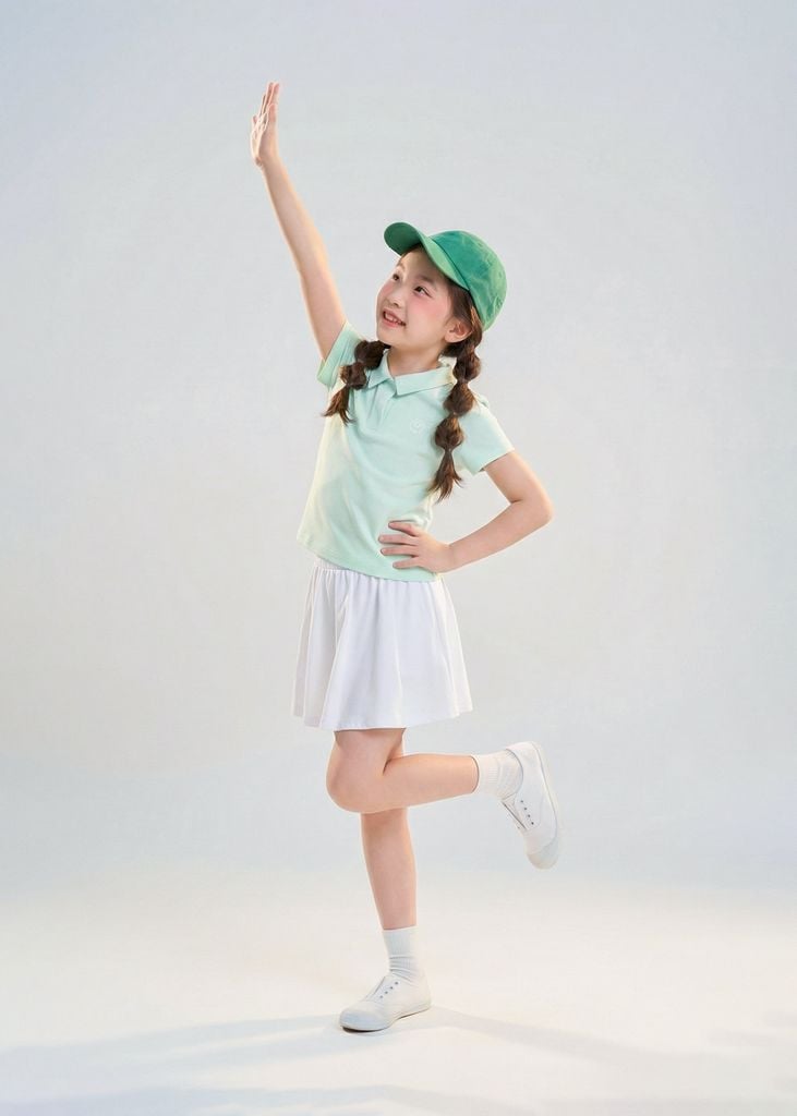 Set Polo Ngắn Tay & Chân Váy Bé Gái Siêu Nhẹ Ultra Light Xanh Phối Trắng Kem