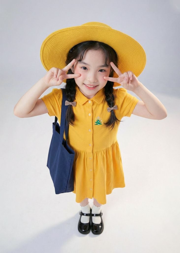 Đầm Polo Ngắn Tay Bé Gái Vàng Thêu Cây Thông