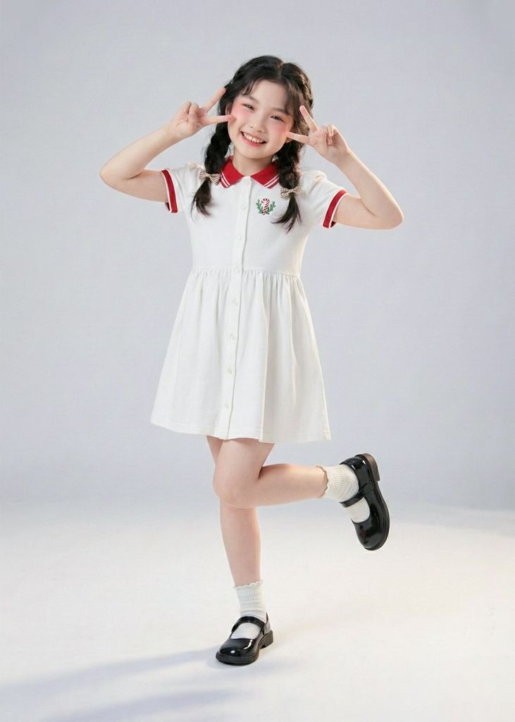 Đầm Polo Ngắn Tay Bé Gái Trắng Thêu Candy Cane