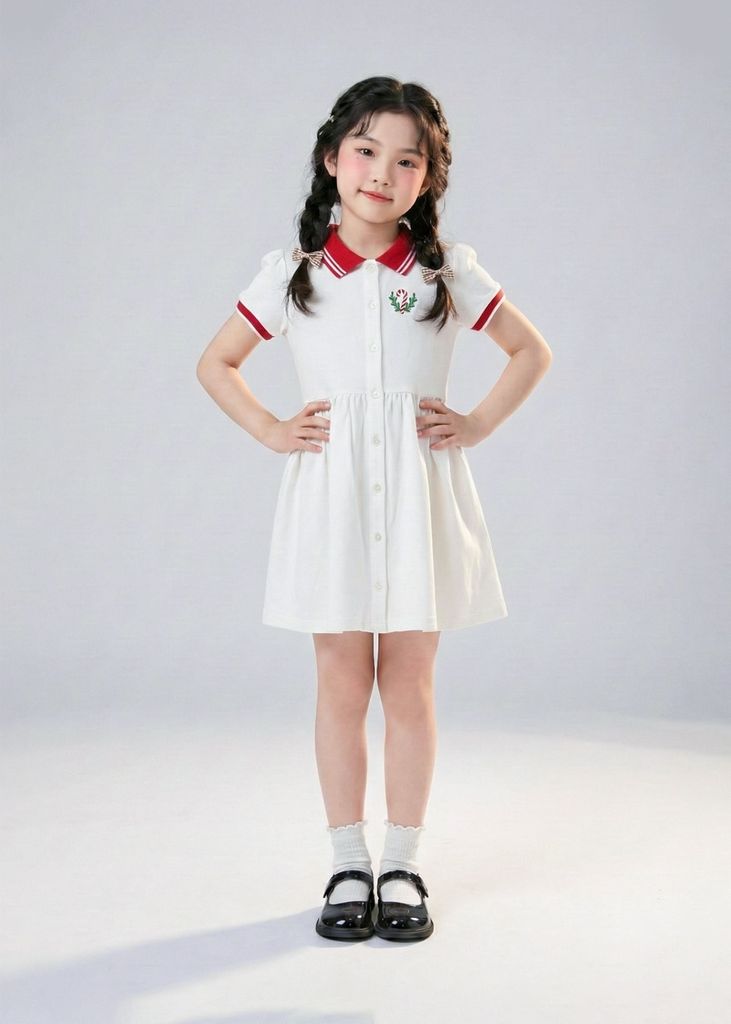 Đầm Polo Ngắn Tay Bé Gái Trắng Thêu Candy Cane