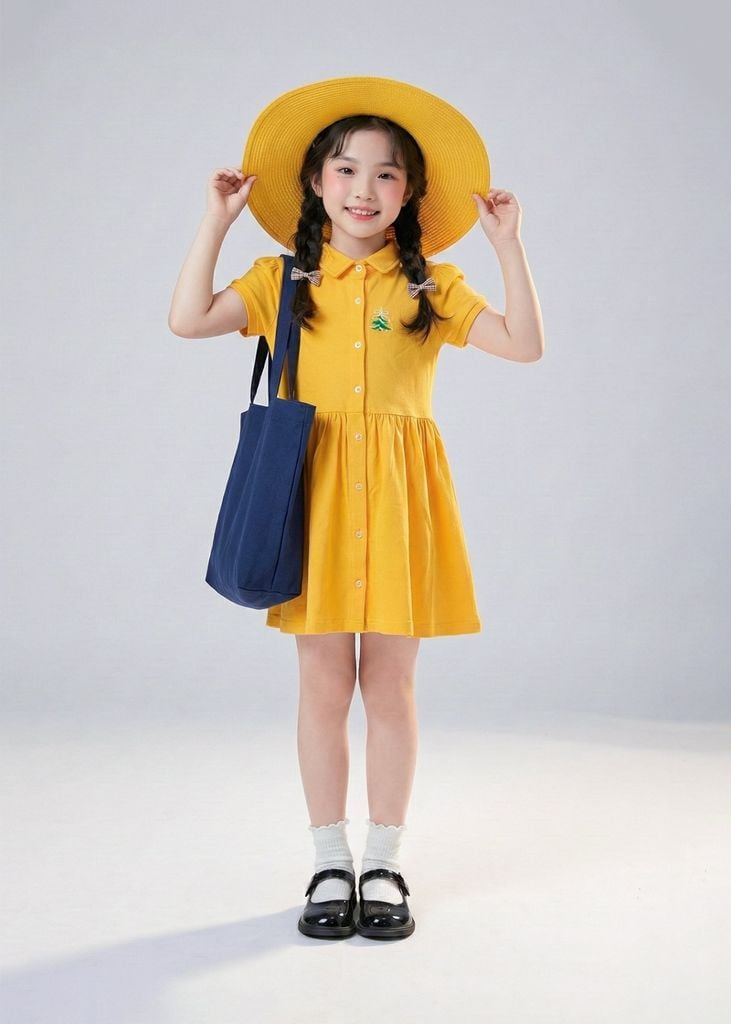 Đầm Polo Ngắn Tay Bé Gái Vàng Thêu Cây Thông