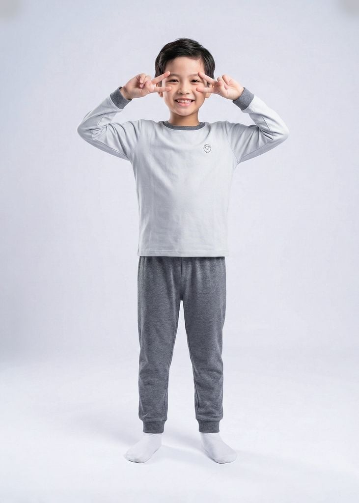 Bộ Thun Dài Tay Bé Trai Xám Melange Phối
