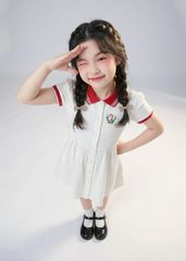 Đầm Polo Ngắn Tay Bé Gái Trắng Thêu Candy Cane