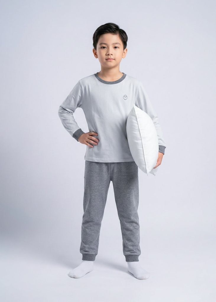 Bộ Thun Dài Tay Bé Trai Xám Melange Phối