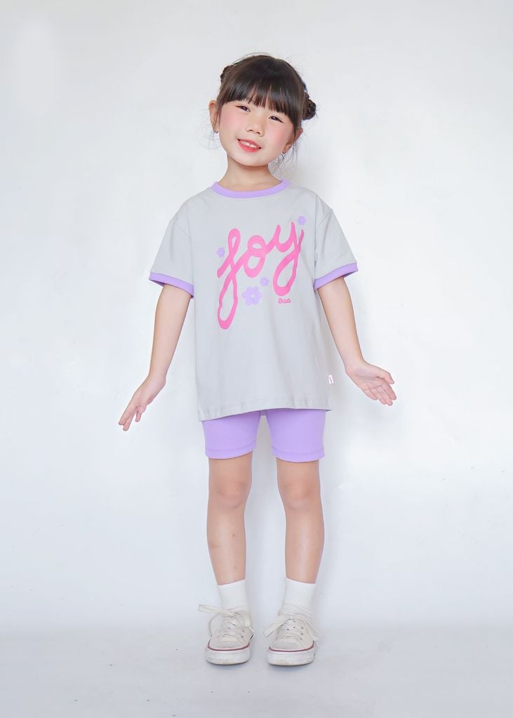 Set Thun Form Rộng Phối Quần Biker Bé Gái Xám Joy Phối Tím