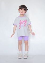 Set Thun Form Rộng Phối Quần Biker Bé Gái Xám Joy Phối Tím