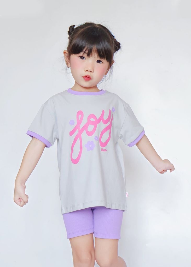 Set Thun Form Rộng Phối Quần Biker Bé Gái Xám Joy Phối Tím