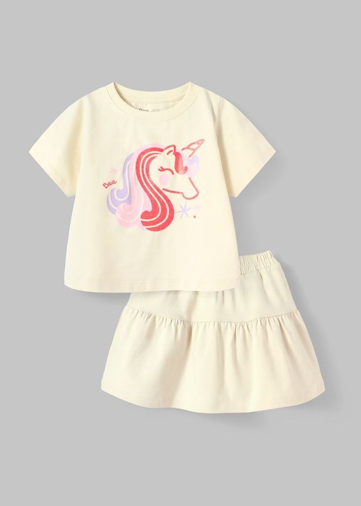 Set Áo Thun & Chân Váy Bé Gái 210gsm Kem Unicorn Kim Tuyến