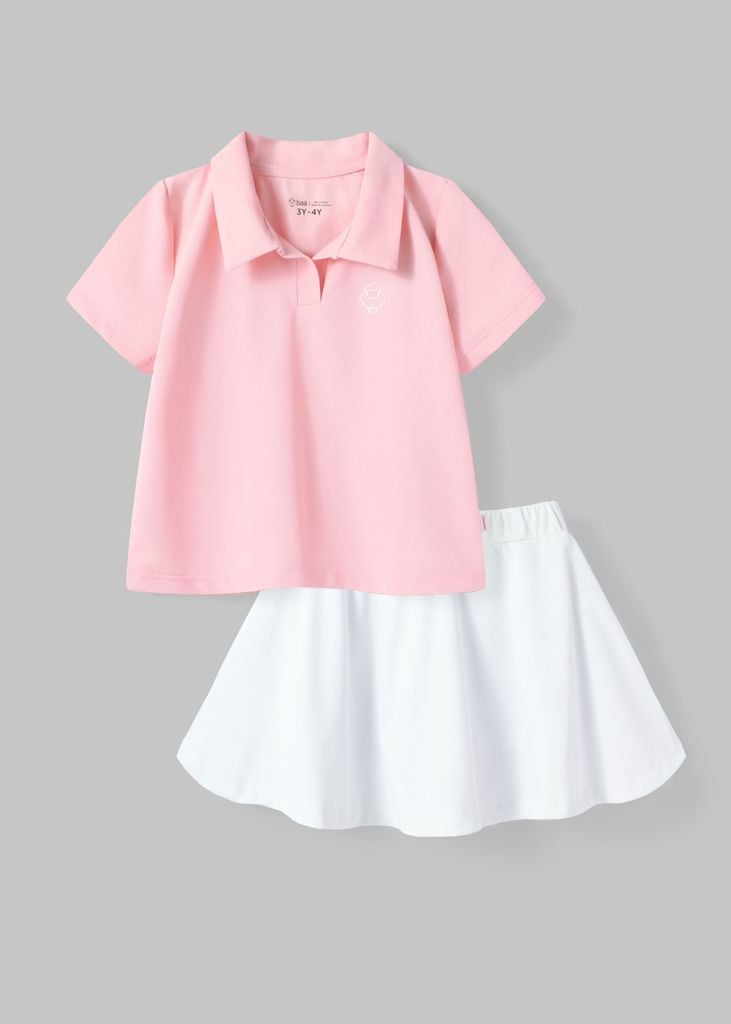 Set Polo Ngắn Tay & Chân Váy Bé Gái Siêu Nhẹ Ultra Light Hồng Phối Trắng Kem