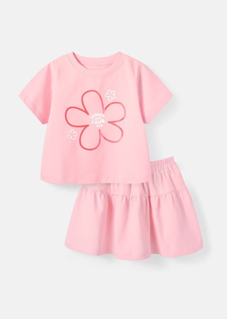 Set Áo Thun & Chân Váy Bé Gái 210gsm Hồng Hoa Xinh Kim Tuyến