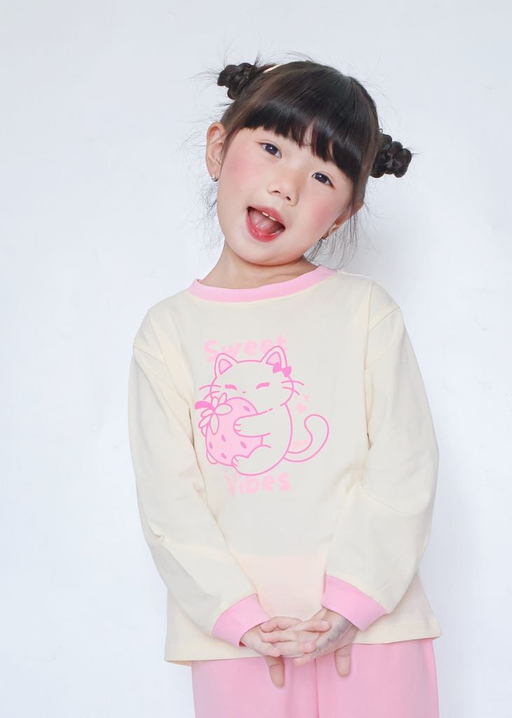 Bộ Thun Dài Tay Bé Gái Kem Sweet Cat Phối Hồng