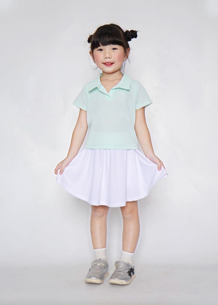 Set Polo Ngắn Tay & Chân Váy Bé Gái Siêu Nhẹ Ultra Light Xanh Phối Trắng Kem