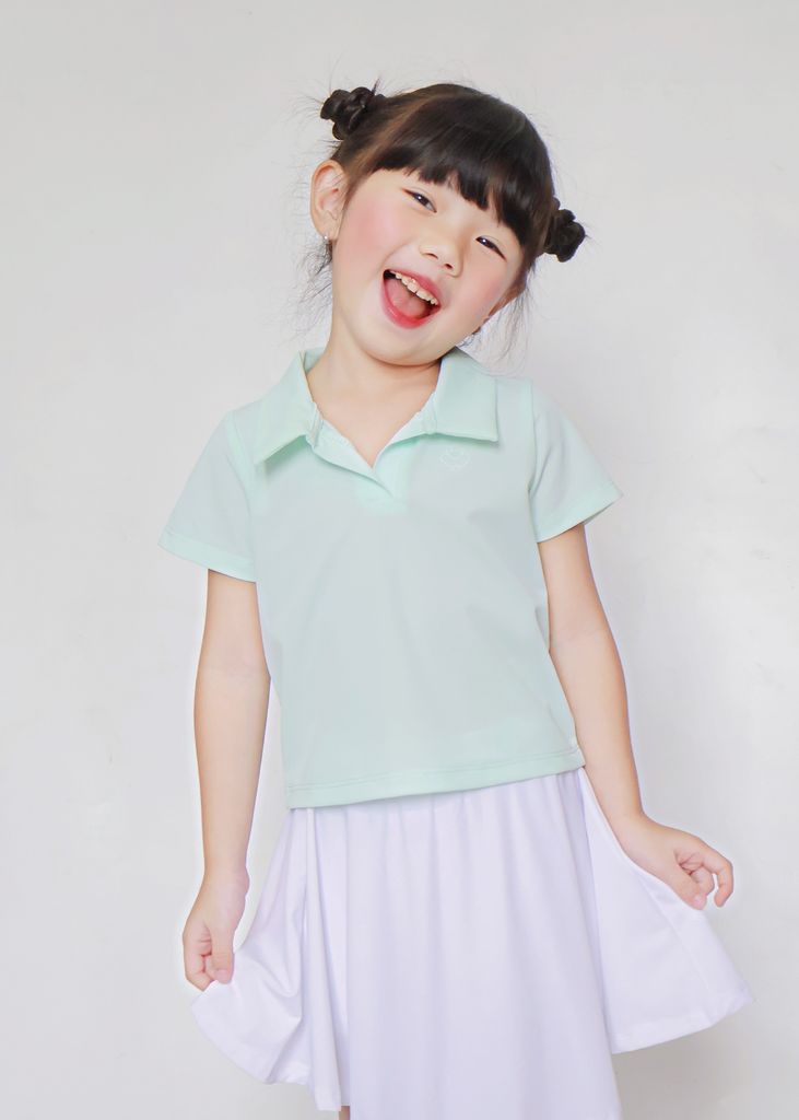 Set Polo Ngắn Tay & Chân Váy Bé Gái Siêu Nhẹ Ultra Light Xanh Phối Trắng Kem