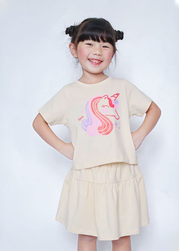 Set Áo Thun & Chân Váy Bé Gái 210gsm Kem Unicorn Kim Tuyến