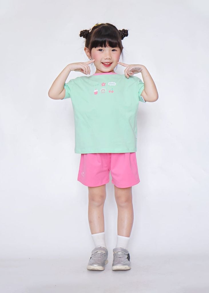 Bộ Thun Ngắn Tay Form Rộng Bé Gái Xanh Happy Life Phối Hồng