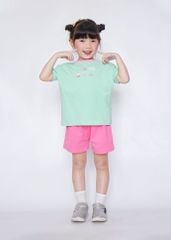 Bộ Thun Ngắn Tay Form Rộng Bé Gái Xanh Happy Life Phối Hồng