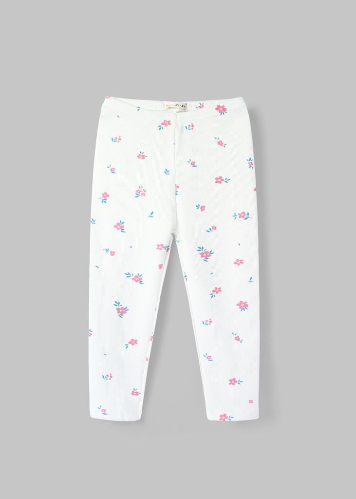 Quần Legging Bé Gái Thun Gân Trắng Kem Họa Tiết Hoa Nhỏ