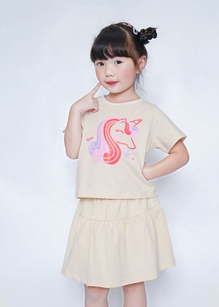 Set Áo Thun & Chân Váy Bé Gái 210gsm Kem Unicorn Kim Tuyến