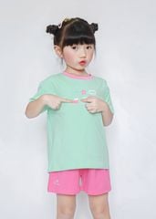 Bộ Thun Ngắn Tay Form Rộng Bé Gái Xanh Happy Life Phối Hồng