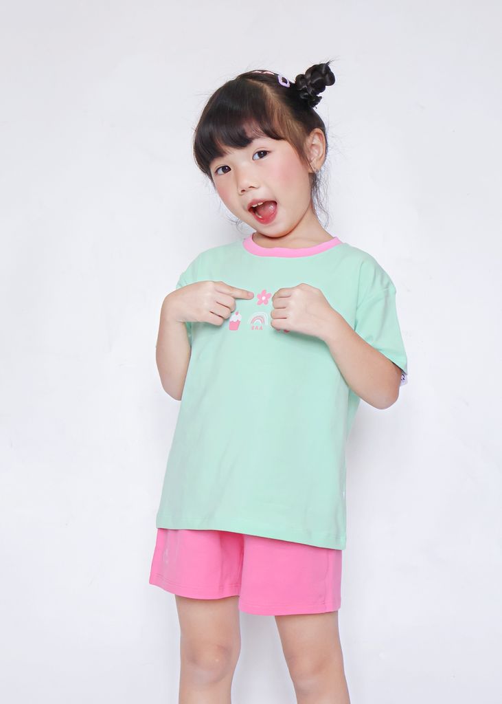 Bộ Thun Ngắn Tay Form Rộng Bé Gái Xanh Happy Life Phối Hồng