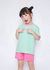 Bộ Thun Ngắn Tay Form Rộng Bé Gái Xanh Happy Life Phối Hồng