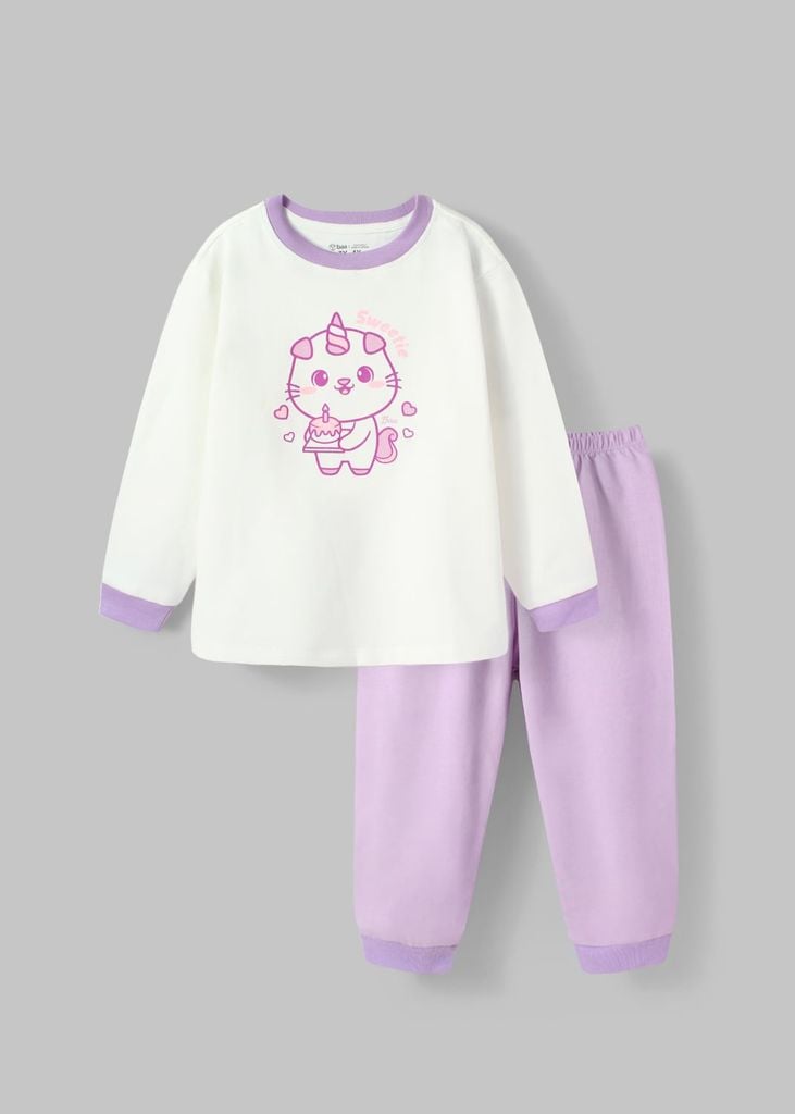 Bộ Thun Dài Tay Bé Gái Trắng Sweetie Phối Tím 02