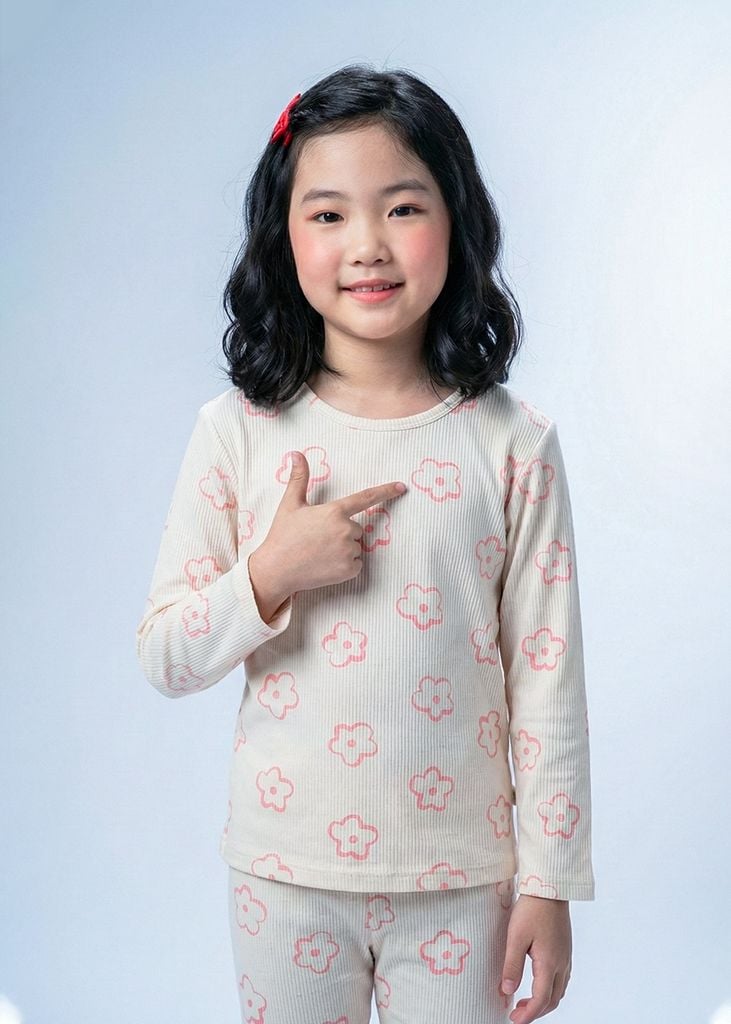 Bộ Thun Dài Tay Bé Gái Gân Trắng Kem Hoạ Tiết Hoa