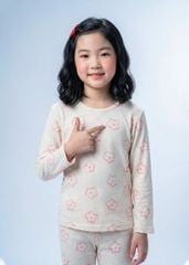 Bộ Thun Dài Tay Bé Gái Gân Trắng Kem Hoạ Tiết Hoa