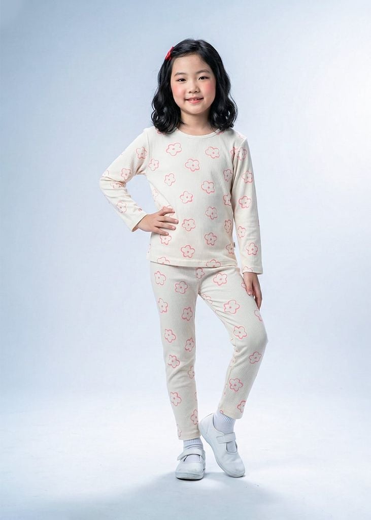 Bộ Thun Dài Tay Bé Gái Gân Trắng Kem Hoạ Tiết Hoa