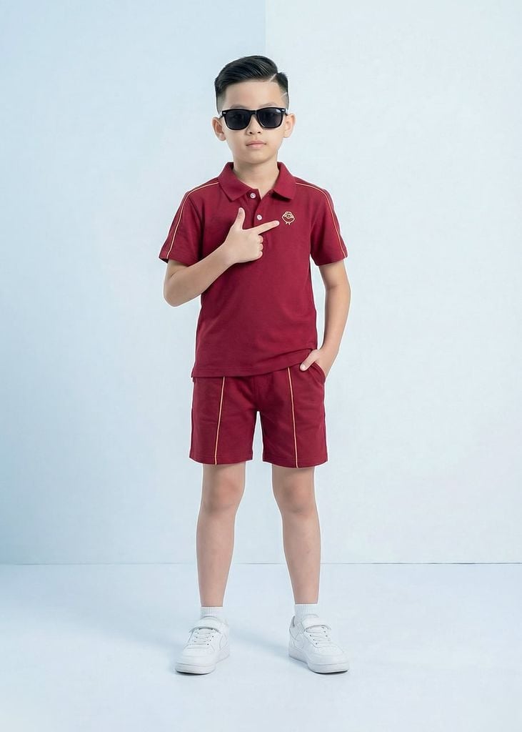 Set Polo Ngắn Tay Bé Trai Đỏ Burgundy Viền Be