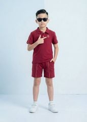 Set Polo Ngắn Tay Bé Trai Đỏ Burgundy Viền Be