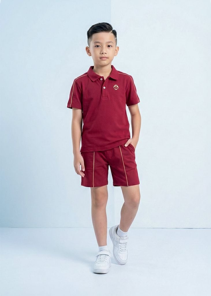 Set Polo Ngắn Tay Bé Trai Đỏ Burgundy Viền Be