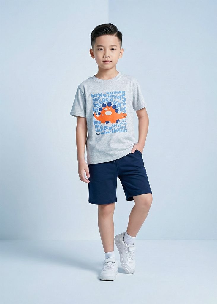Áo Thun Form Rộng Bé Trai 230gsm Xám Melange Khủng Long