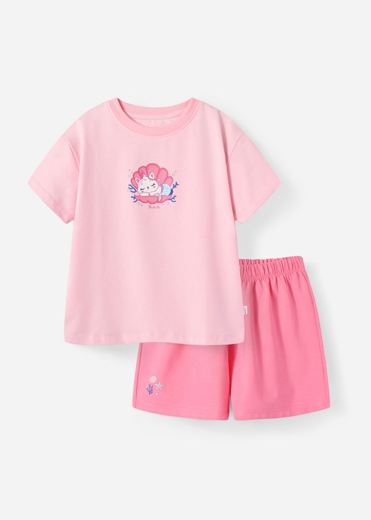 Bộ Thun Ngắn Tay Form Rộng Bé Gái Hồng Cute Mermaid