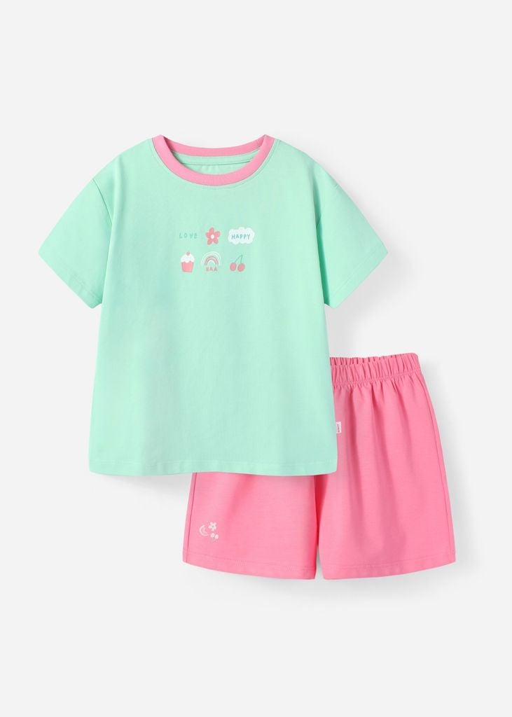 Bộ Thun Ngắn Tay Form Rộng Bé Gái Xanh Happy Life Phối Hồng
