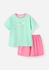 Bộ Thun Ngắn Tay Form Rộng Bé Gái Xanh Happy Life Phối Hồng