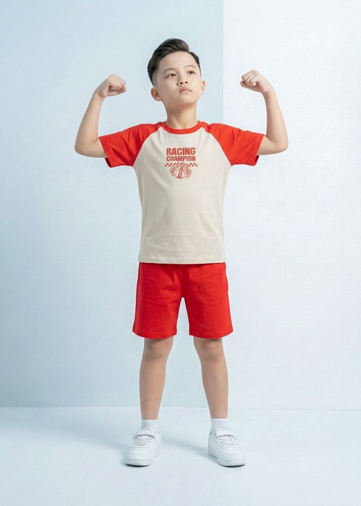 Bộ Thun Tay Raglan Bé Trai Be Phối Đỏ Racing Champion