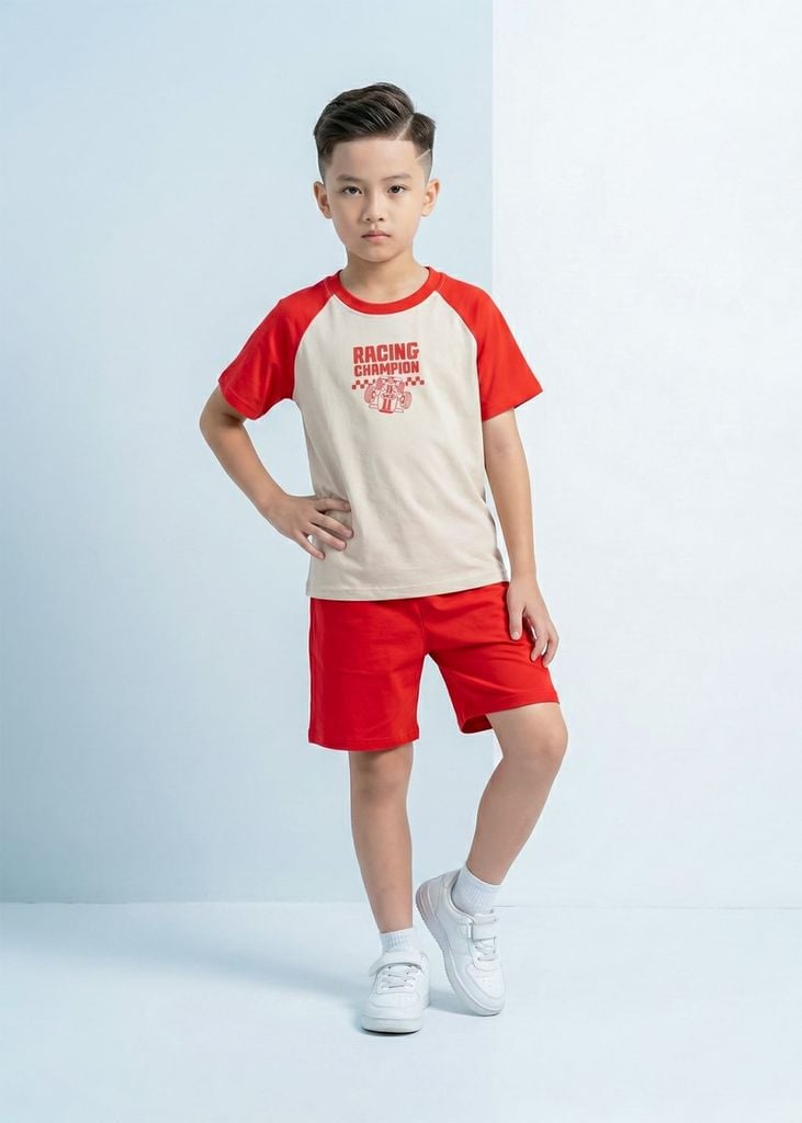 Bộ Thun Tay Raglan Bé Trai Be Phối Đỏ Racing Champion