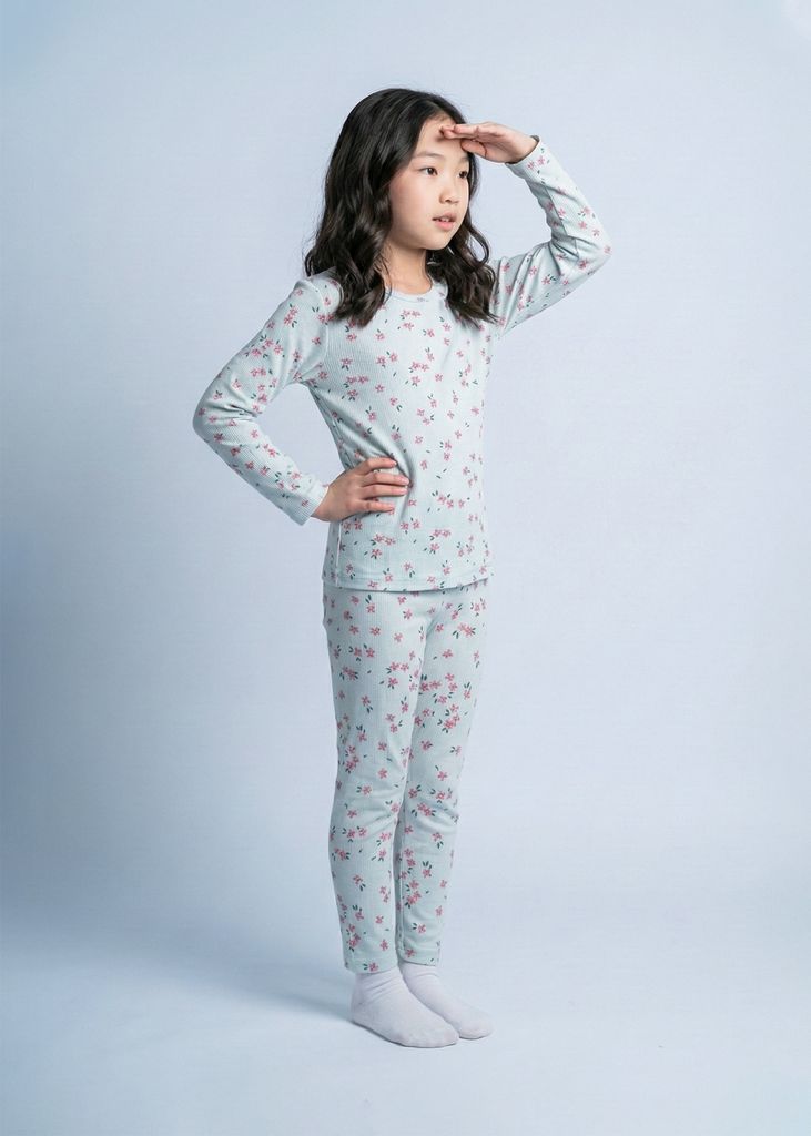 Bộ Thun Dài Tay Bé Gái Gân Xanh Nhạt Hoạ Tiết Hoa Liti