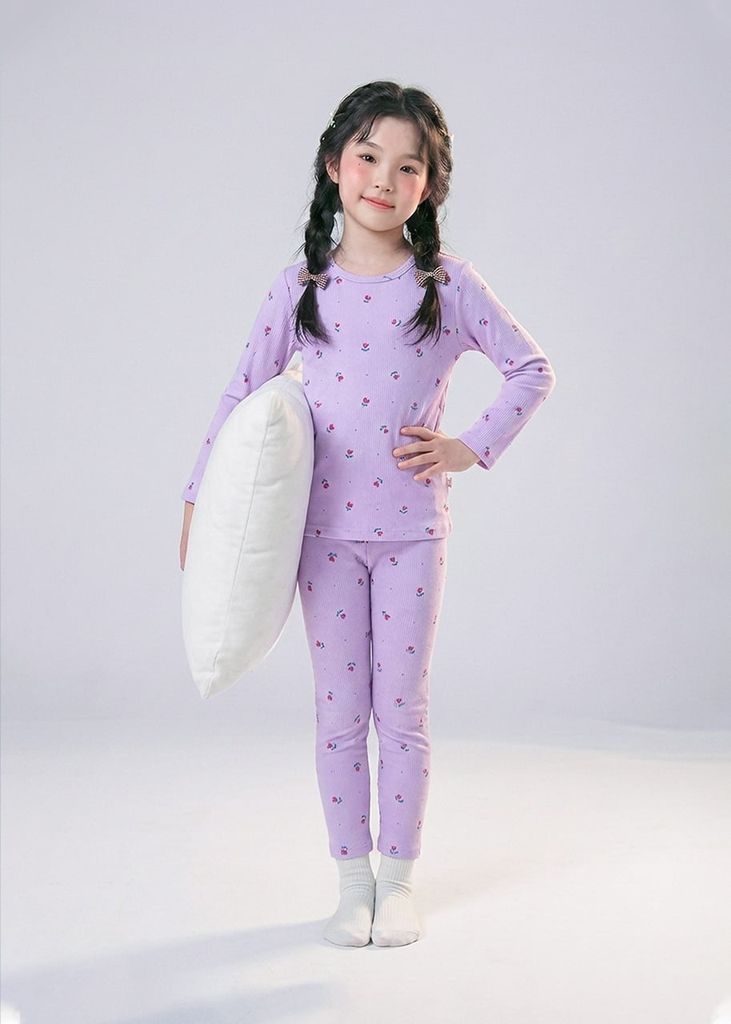 Bộ Thun Dài Tay Bé Gái Gân Tím Hoạ Tiết Hoa Tulip