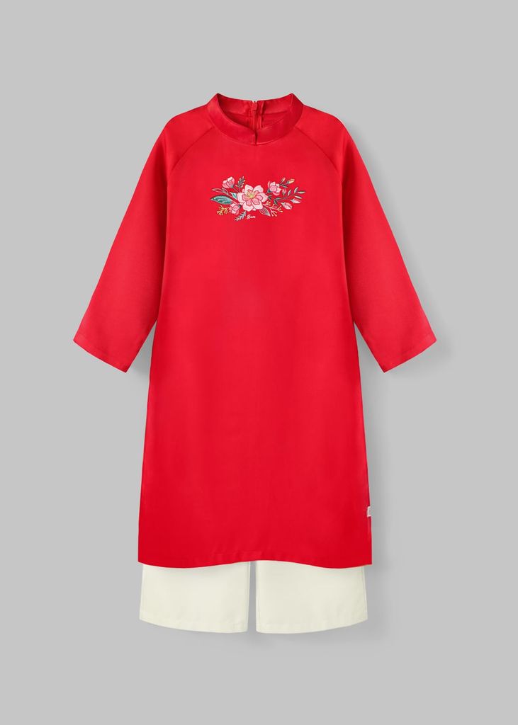 Set Áo Dài Thêu Cao Cấp Bé Gái Đỏ Hoa Xuân