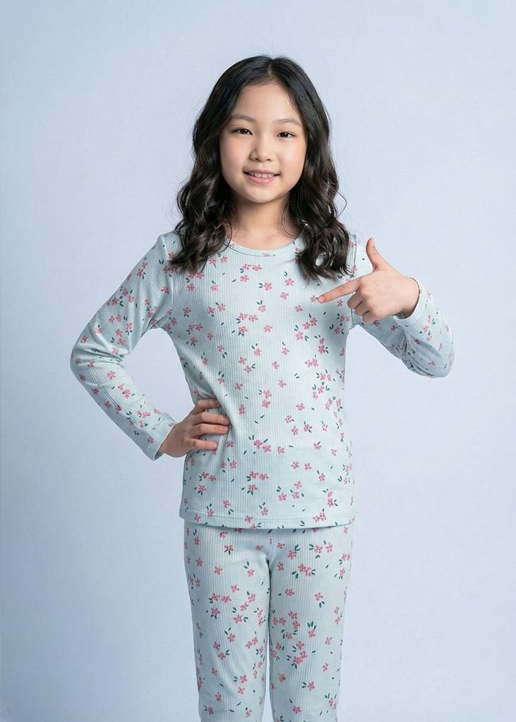 Bộ Thun Dài Tay Bé Gái Gân Xanh Nhạt Hoạ Tiết Hoa Liti