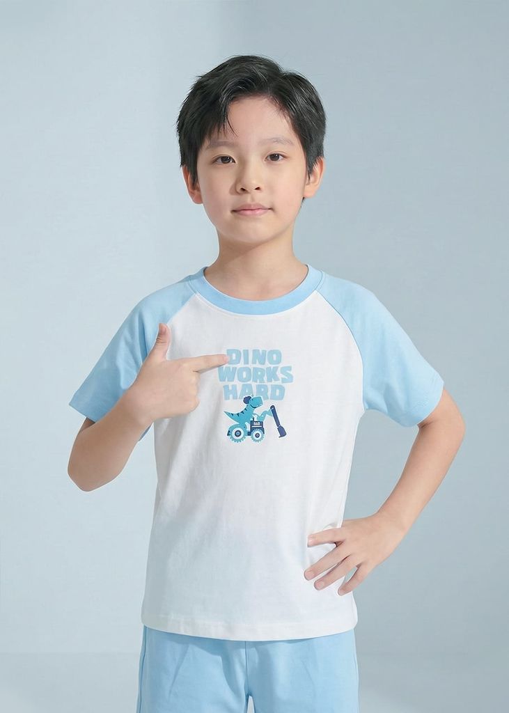 Bộ Thun Tay Raglan Bé Trai Trắng Phối Xanh Khủng Long