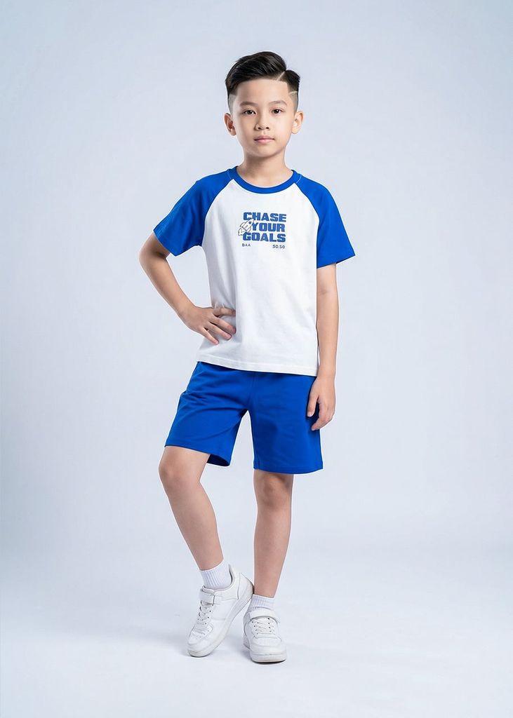 Bộ Thun Tay Raglan Bé Trai Xám Phối Xanh Chase Your Goals