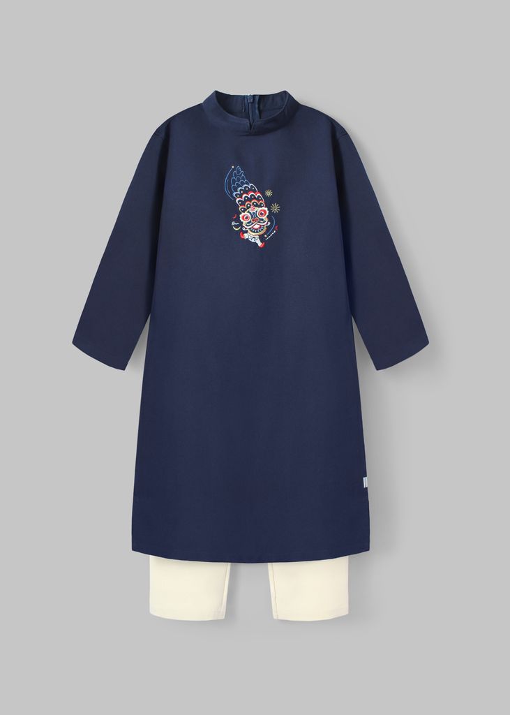 Set Áo Dài Thêu Cao Cấp Bé Trai Xanh Múa Lân