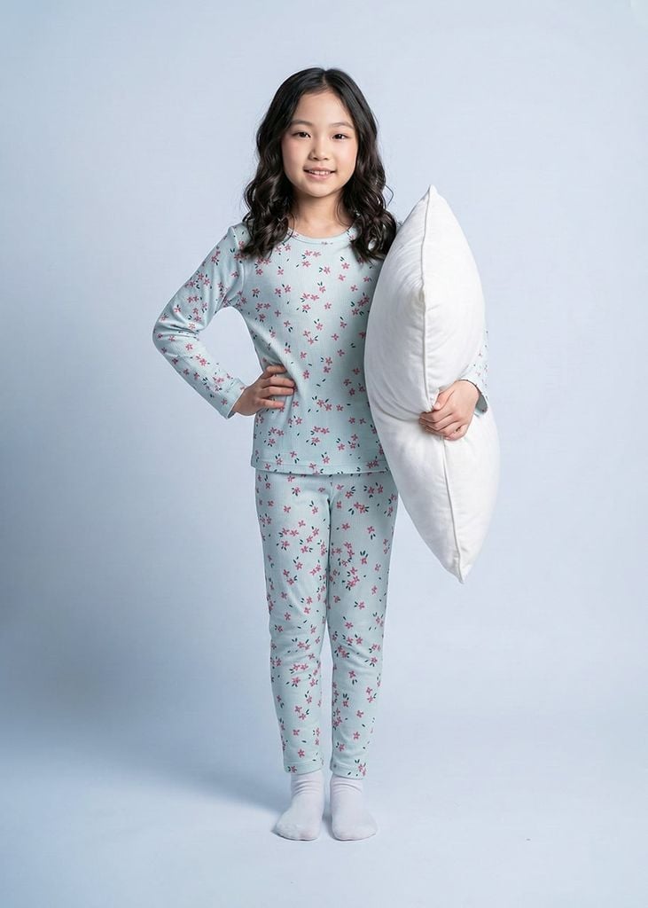 Bộ Thun Dài Tay Bé Gái Gân Xanh Nhạt Hoạ Tiết Hoa Liti