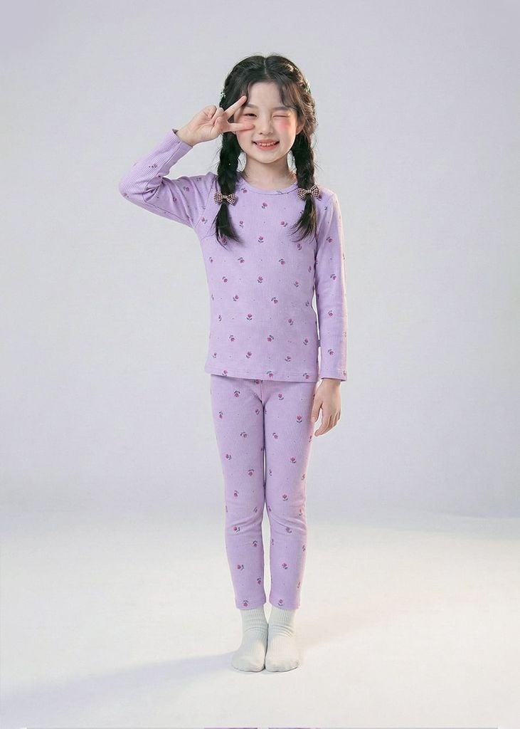 Bộ Thun Dài Tay Bé Gái Gân Tím Hoạ Tiết Hoa Tulip